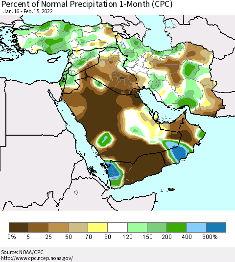 Middle East and Turkey Percent of Normal Precipitation 1-Month (CPC) Thematic Map For 1/16/2022 - 2/15/2022