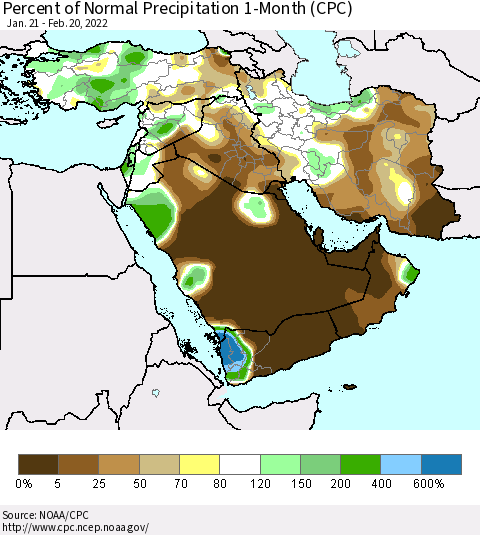 Middle East and Turkey Percent of Normal Precipitation 1-Month (CPC) Thematic Map For 1/21/2022 - 2/20/2022