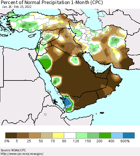 Middle East and Turkey Percent of Normal Precipitation 1-Month (CPC) Thematic Map For 1/26/2022 - 2/25/2022