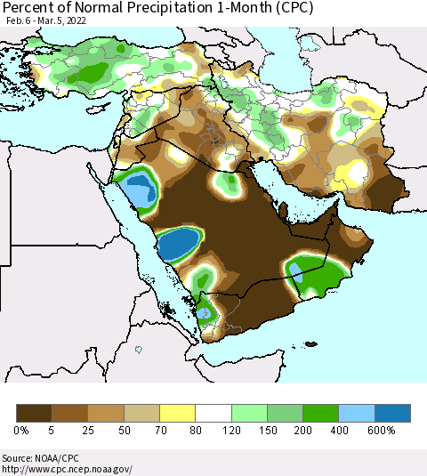 Middle East and Turkey Percent of Normal Precipitation 1-Month (CPC) Thematic Map For 2/6/2022 - 3/5/2022