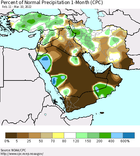 Middle East and Turkey Percent of Normal Precipitation 1-Month (CPC) Thematic Map For 2/11/2022 - 3/10/2022