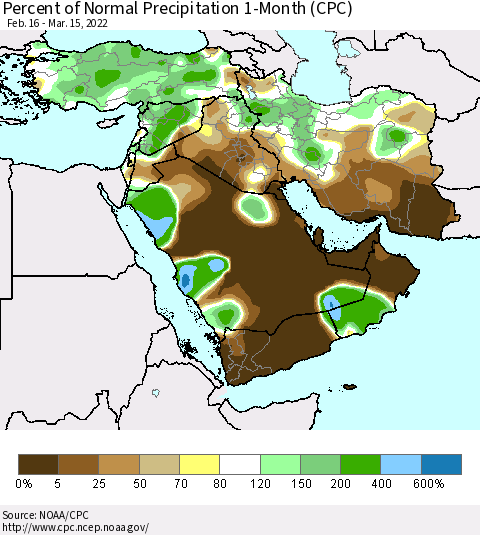Middle East and Turkey Percent of Normal Precipitation 1-Month (CPC) Thematic Map For 2/16/2022 - 3/15/2022