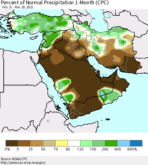 Middle East and Turkey Percent of Normal Precipitation 1-Month (CPC) Thematic Map For 2/21/2022 - 3/20/2022