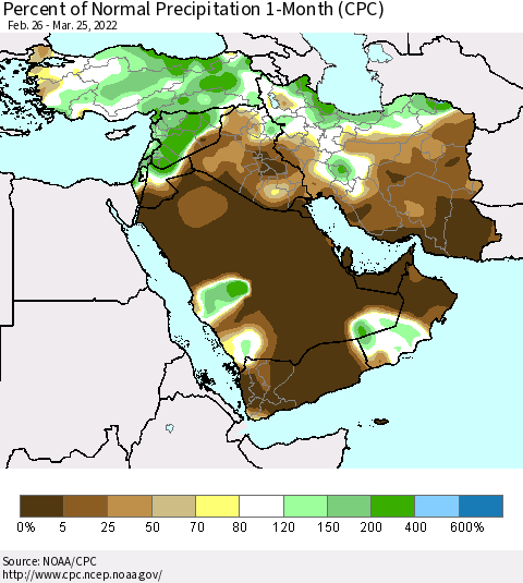 Middle East and Turkey Percent of Normal Precipitation 1-Month (CPC) Thematic Map For 2/26/2022 - 3/25/2022