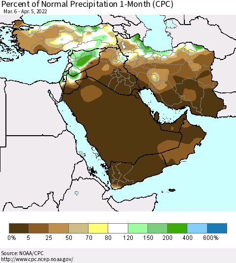 Middle East and Turkey Percent of Normal Precipitation 1-Month (CPC) Thematic Map For 3/6/2022 - 4/5/2022