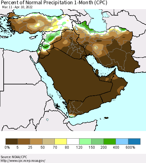Middle East and Turkey Percent of Normal Precipitation 1-Month (CPC) Thematic Map For 3/11/2022 - 4/10/2022