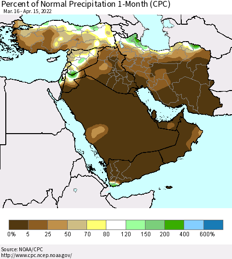 Middle East and Turkey Percent of Normal Precipitation 1-Month (CPC) Thematic Map For 3/16/2022 - 4/15/2022