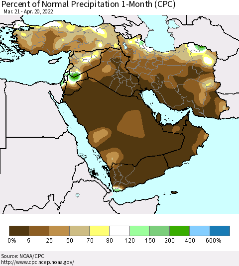 Middle East and Turkey Percent of Normal Precipitation 1-Month (CPC) Thematic Map For 3/21/2022 - 4/20/2022