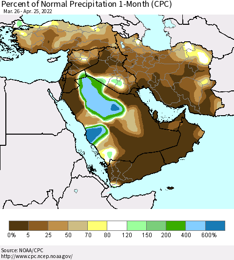 Middle East and Turkey Percent of Normal Precipitation 1-Month (CPC) Thematic Map For 3/26/2022 - 4/25/2022
