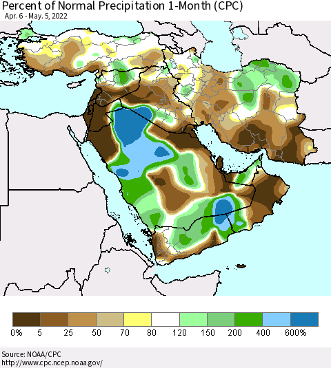 Middle East and Turkey Percent of Normal Precipitation 1-Month (CPC) Thematic Map For 4/6/2022 - 5/5/2022