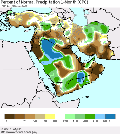 Middle East and Turkey Percent of Normal Precipitation 1-Month (CPC) Thematic Map For 4/11/2022 - 5/10/2022