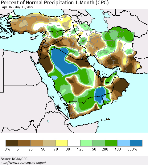 Middle East and Turkey Percent of Normal Precipitation 1-Month (CPC) Thematic Map For 4/16/2022 - 5/15/2022