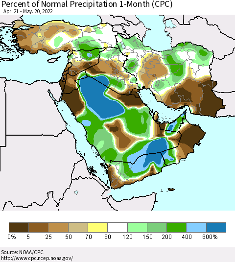 Middle East and Turkey Percent of Normal Precipitation 1-Month (CPC) Thematic Map For 4/21/2022 - 5/20/2022