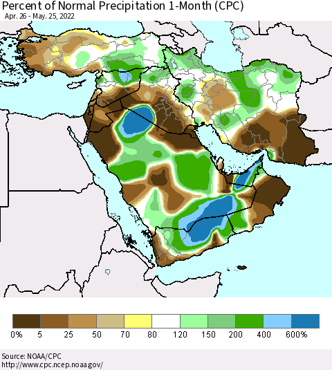 Middle East and Turkey Percent of Normal Precipitation 1-Month (CPC) Thematic Map For 4/26/2022 - 5/25/2022