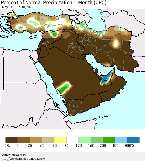 Middle East and Turkey Percent of Normal Precipitation 1-Month (CPC) Thematic Map For 5/11/2022 - 6/10/2022