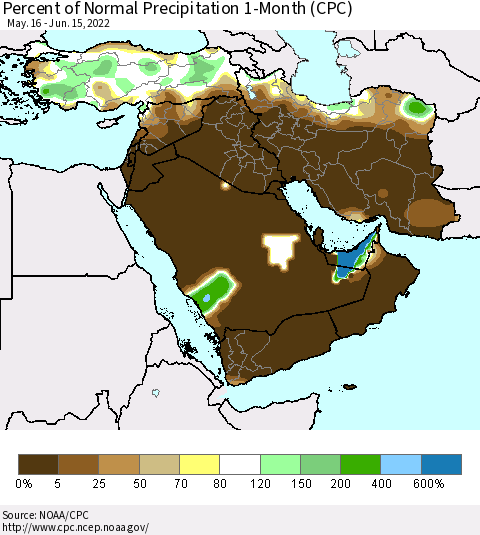 Middle East and Turkey Percent of Normal Precipitation 1-Month (CPC) Thematic Map For 5/16/2022 - 6/15/2022