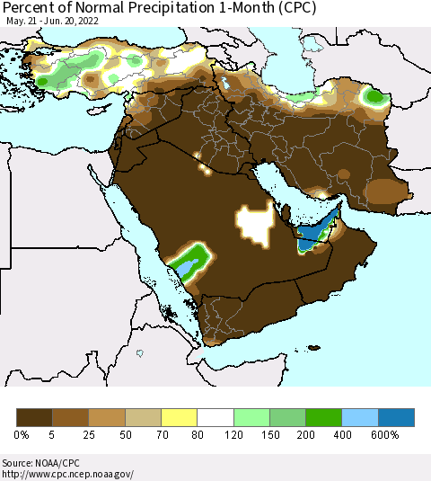 Middle East and Turkey Percent of Normal Precipitation 1-Month (CPC) Thematic Map For 5/21/2022 - 6/20/2022