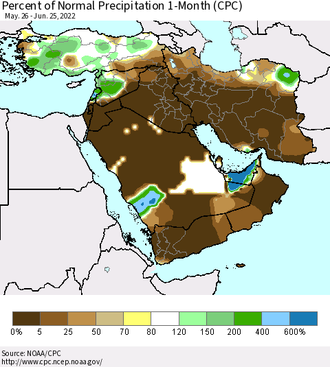 Middle East and Turkey Percent of Normal Precipitation 1-Month (CPC) Thematic Map For 5/26/2022 - 6/25/2022