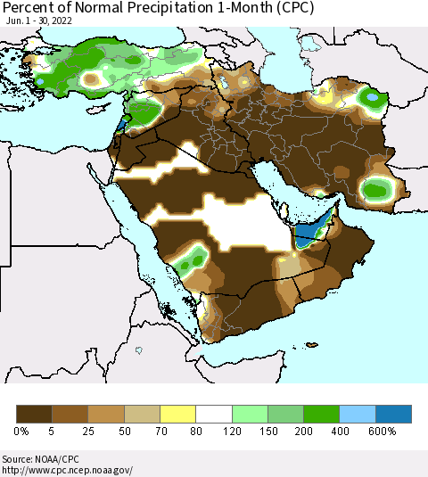 Middle East and Turkey Percent of Normal Precipitation 1-Month (CPC) Thematic Map For 6/1/2022 - 6/30/2022
