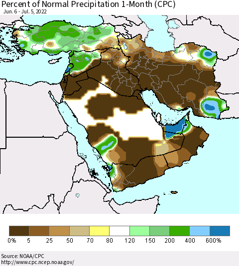 Middle East and Turkey Percent of Normal Precipitation 1-Month (CPC) Thematic Map For 6/6/2022 - 7/5/2022