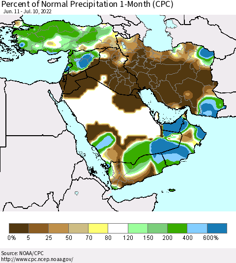 Middle East and Turkey Percent of Normal Precipitation 1-Month (CPC) Thematic Map For 6/11/2022 - 7/10/2022