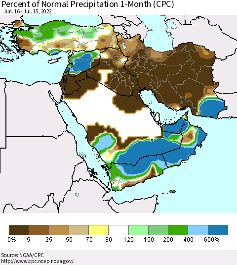 Middle East and Turkey Percent of Normal Precipitation 1-Month (CPC) Thematic Map For 6/16/2022 - 7/15/2022