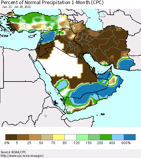 Middle East and Turkey Percent of Normal Precipitation 1-Month (CPC) Thematic Map For 6/21/2022 - 7/20/2022
