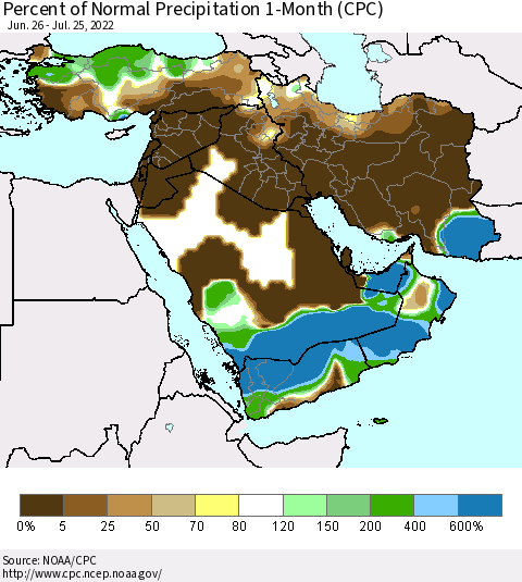 Middle East and Turkey Percent of Normal Precipitation 1-Month (CPC) Thematic Map For 6/26/2022 - 7/25/2022