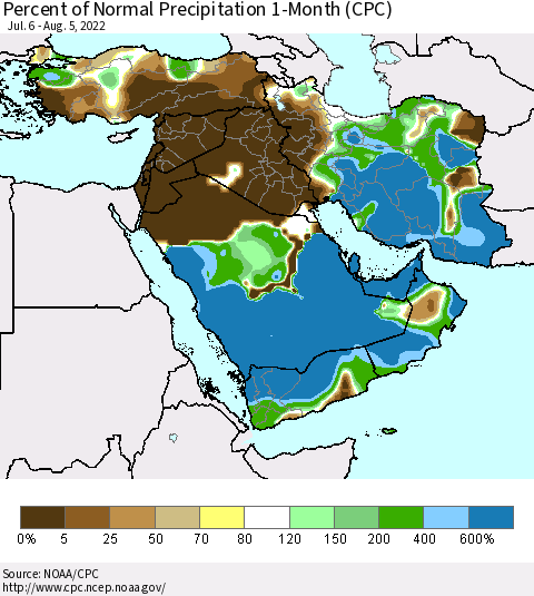 Middle East and Turkey Percent of Normal Precipitation 1-Month (CPC) Thematic Map For 7/6/2022 - 8/5/2022