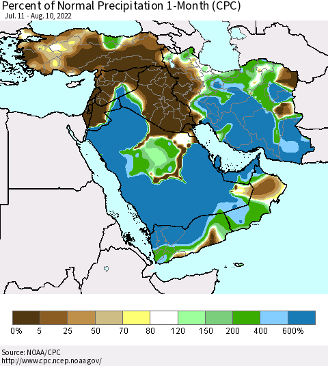 Middle East and Turkey Percent of Normal Precipitation 1-Month (CPC) Thematic Map For 7/11/2022 - 8/10/2022