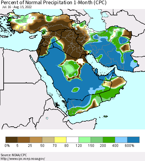 Middle East and Turkey Percent of Normal Precipitation 1-Month (CPC) Thematic Map For 7/16/2022 - 8/15/2022