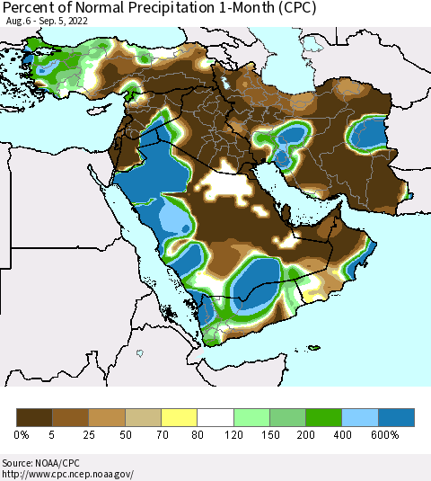 Middle East and Turkey Percent of Normal Precipitation 1-Month (CPC) Thematic Map For 8/6/2022 - 9/5/2022