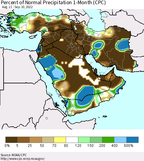 Middle East and Turkey Percent of Normal Precipitation 1-Month (CPC) Thematic Map For 8/11/2022 - 9/10/2022