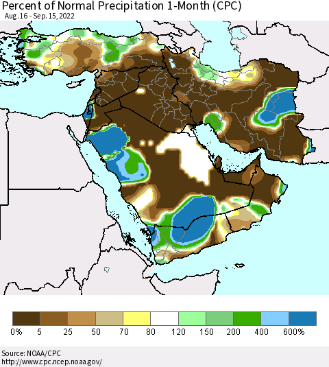 Middle East and Turkey Percent of Normal Precipitation 1-Month (CPC) Thematic Map For 8/16/2022 - 9/15/2022