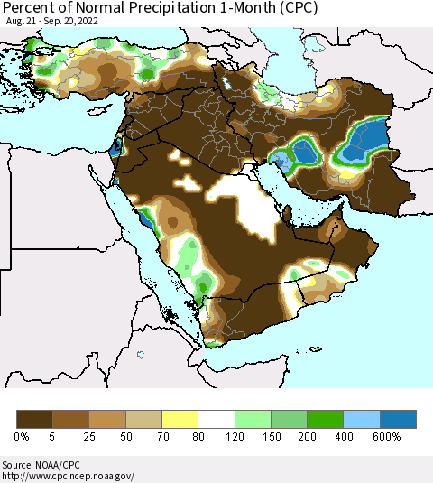 Middle East and Turkey Percent of Normal Precipitation 1-Month (CPC) Thematic Map For 8/21/2022 - 9/20/2022
