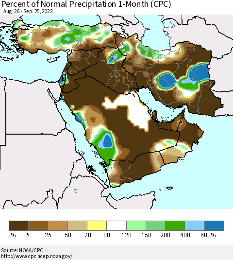 Middle East and Turkey Percent of Normal Precipitation 1-Month (CPC) Thematic Map For 8/26/2022 - 9/25/2022