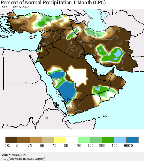 Middle East and Turkey Percent of Normal Precipitation 1-Month (CPC) Thematic Map For 9/6/2022 - 10/5/2022