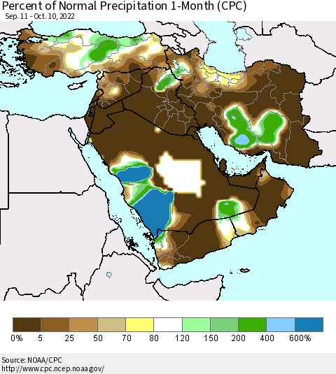 Middle East and Turkey Percent of Normal Precipitation 1-Month (CPC) Thematic Map For 9/11/2022 - 10/10/2022