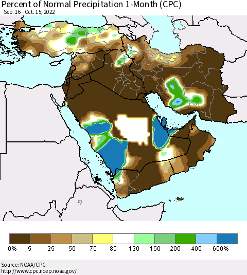 Middle East and Turkey Percent of Normal Precipitation 1-Month (CPC) Thematic Map For 9/16/2022 - 10/15/2022