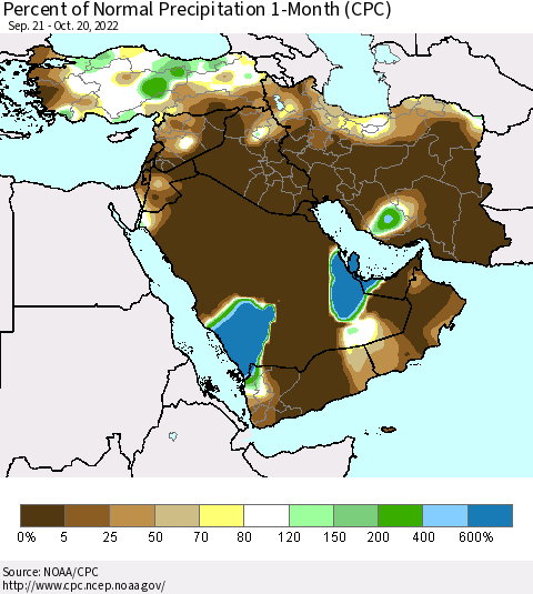 Middle East and Turkey Percent of Normal Precipitation 1-Month (CPC) Thematic Map For 9/21/2022 - 10/20/2022