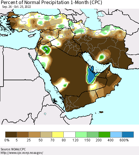 Middle East and Turkey Percent of Normal Precipitation 1-Month (CPC) Thematic Map For 9/26/2022 - 10/25/2022