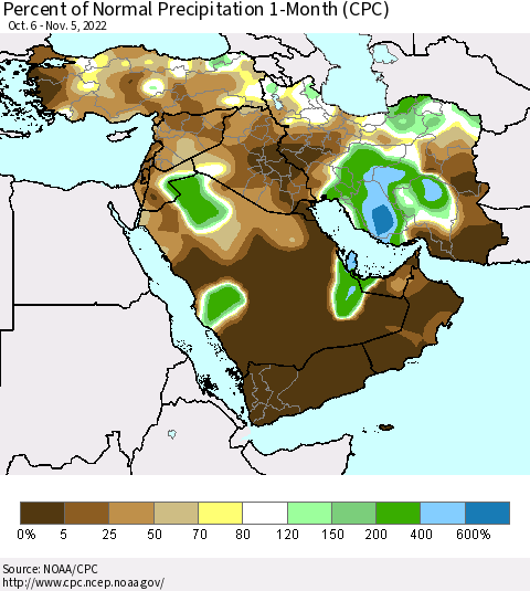 Middle East and Turkey Percent of Normal Precipitation 1-Month (CPC) Thematic Map For 10/6/2022 - 11/5/2022