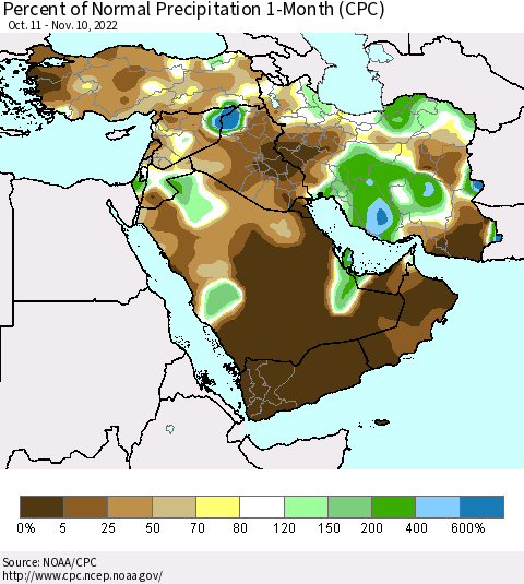 Middle East and Turkey Percent of Normal Precipitation 1-Month (CPC) Thematic Map For 10/11/2022 - 11/10/2022