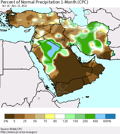 Middle East and Turkey Percent of Normal Precipitation 1-Month (CPC) Thematic Map For 10/16/2022 - 11/15/2022
