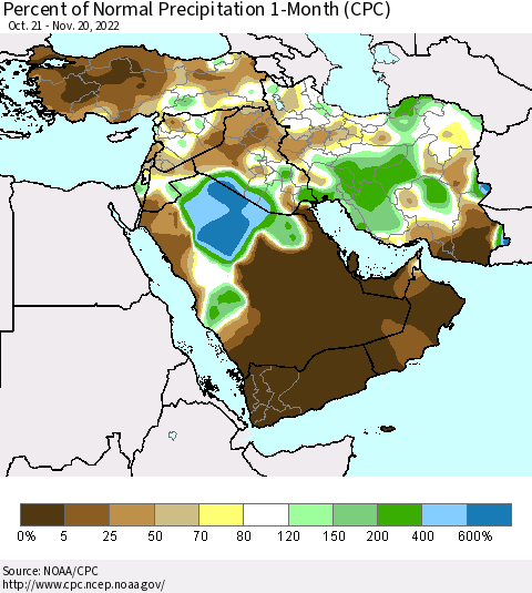 Middle East and Turkey Percent of Normal Precipitation 1-Month (CPC) Thematic Map For 10/21/2022 - 11/20/2022