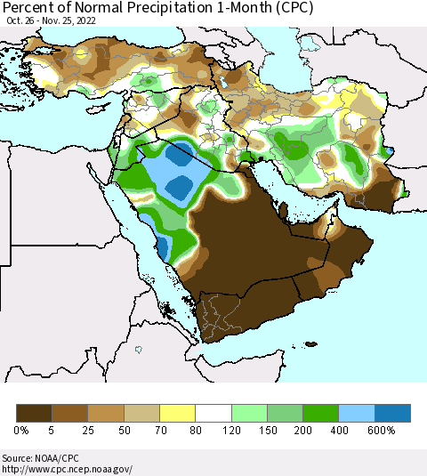 Middle East and Turkey Percent of Normal Precipitation 1-Month (CPC) Thematic Map For 10/26/2022 - 11/25/2022