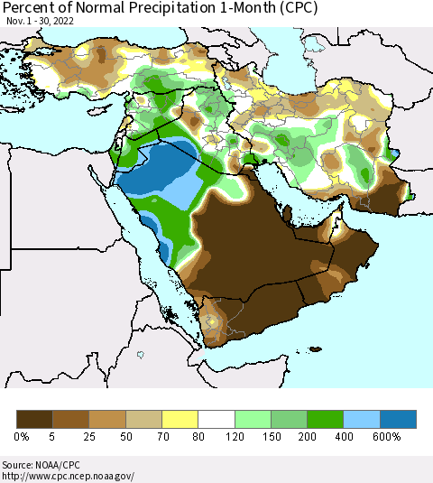 Middle East and Turkey Percent of Normal Precipitation 1-Month (CPC) Thematic Map For 11/1/2022 - 11/30/2022