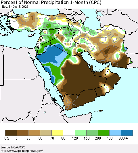 Middle East and Turkey Percent of Normal Precipitation 1-Month (CPC) Thematic Map For 11/6/2022 - 12/5/2022