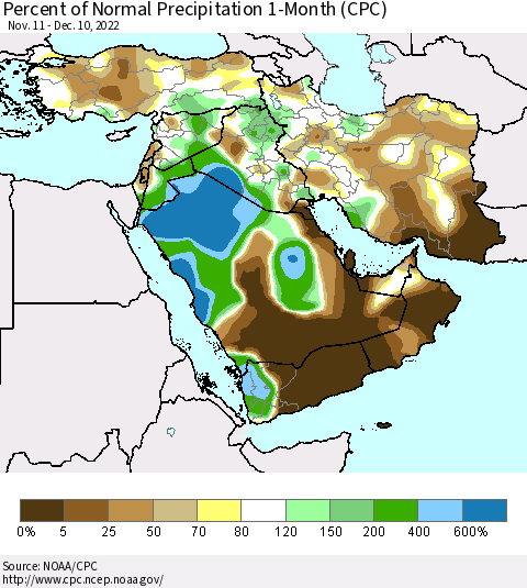 Middle East and Turkey Percent of Normal Precipitation 1-Month (CPC) Thematic Map For 11/11/2022 - 12/10/2022