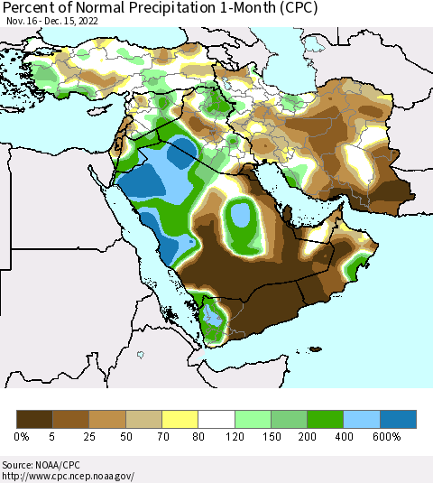 Middle East and Turkey Percent of Normal Precipitation 1-Month (CPC) Thematic Map For 11/16/2022 - 12/15/2022
